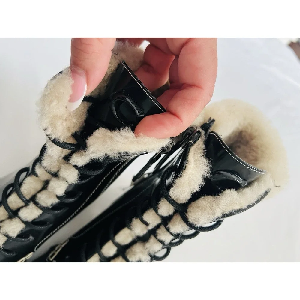 COACH Black High Shine Leather Shearling‎ Combat Booties Uniform Dress Shoes 5B - Picture 11 of 13